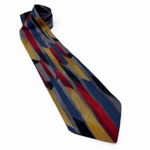 Fratelli 100% Silk Tie Handmade Italy 4" Wide 60" Red Blue Geometric